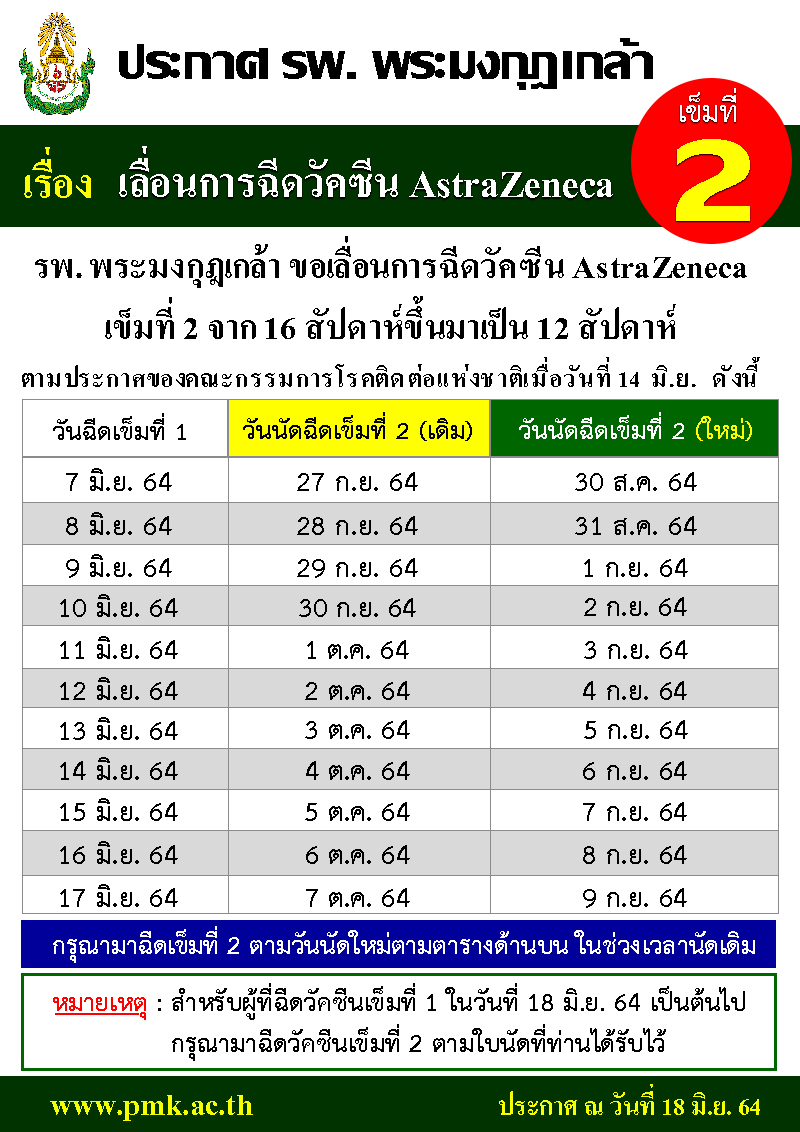 w_1586 - ประกาศ รพ. เรื่องเลื่อนการฉีดวัคซีน AZ เข็มที่ 2